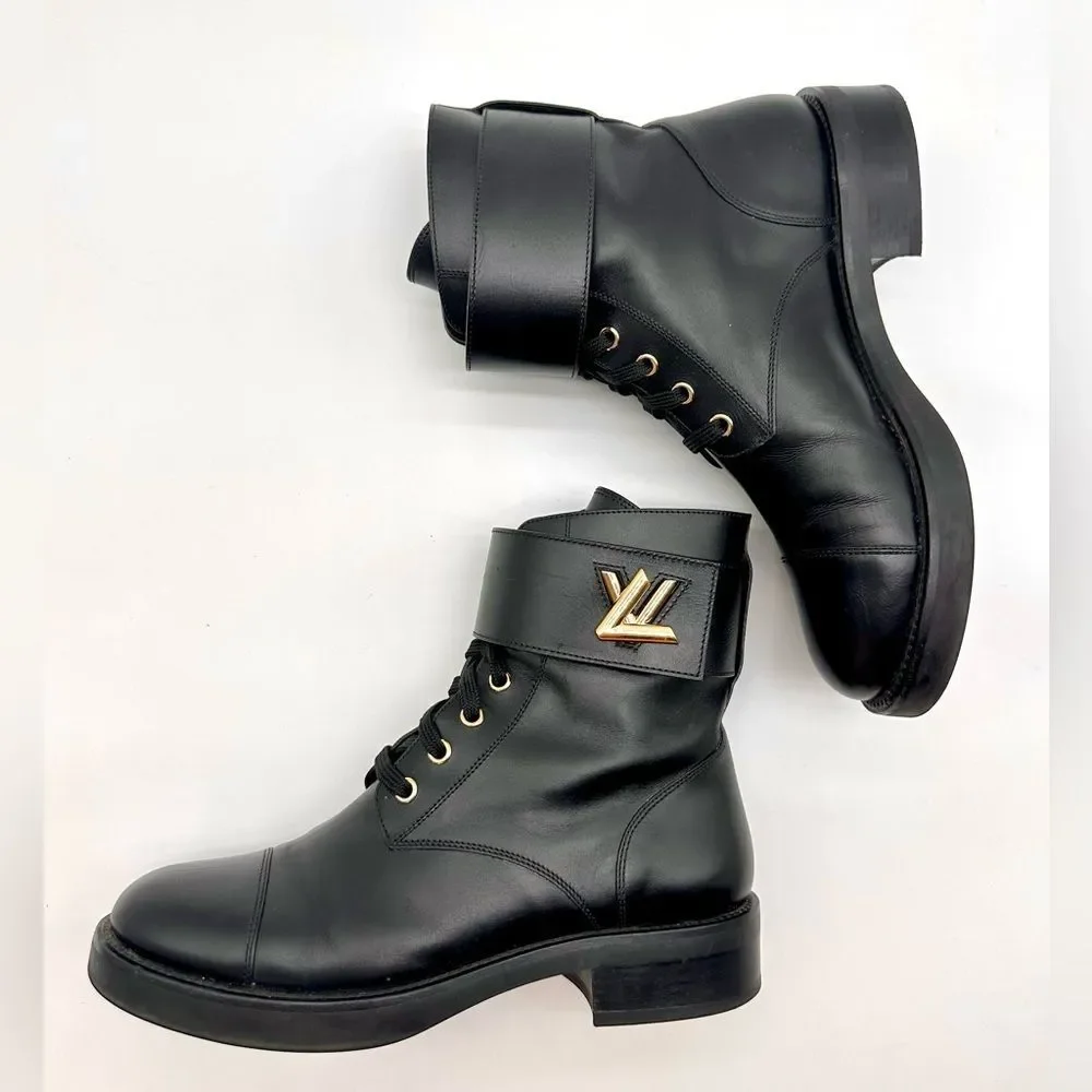 Louis Vuitton Wonderland Ranger Combat Moto Boots Black Leather LV Logo EU 38.5